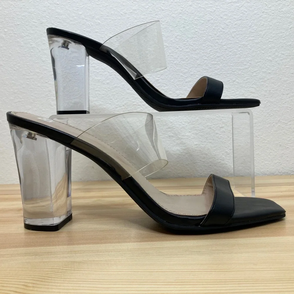 BP Naomi Nordstrom Block Heel Women 10M Black Clear Straps Square Toe Chunky Y2K